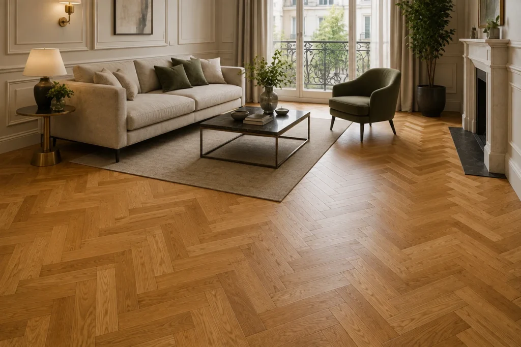 Elegant living room with warm oak herringbone parquet flooring suited to a stylish residential interior