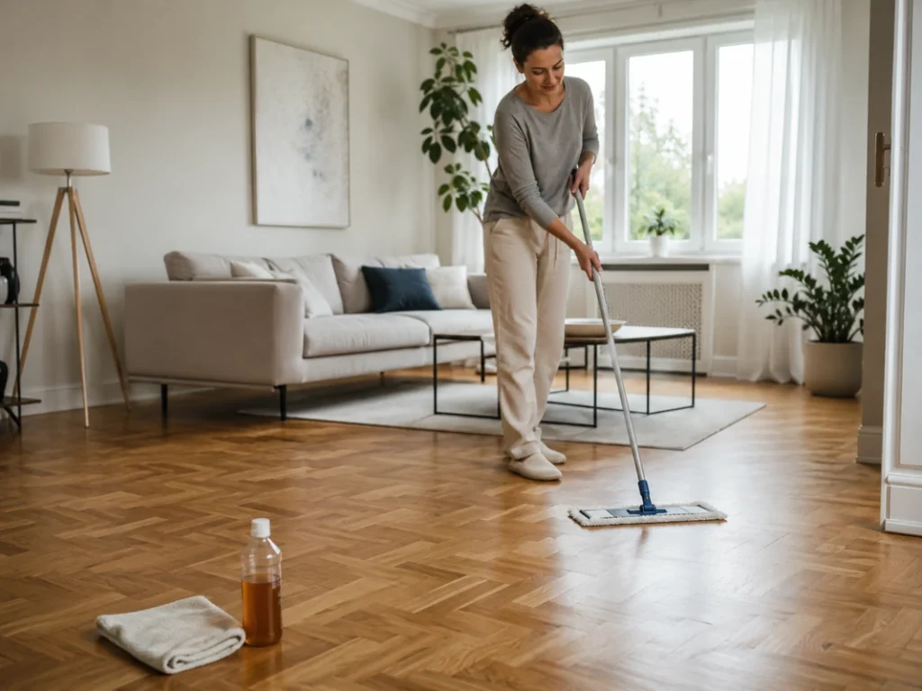Homeowner gently cleaning parquet flooring with a microfibre mop in a bright modern living room