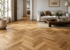 Natural oak herringbone parquet flooring in a bright modern living room with neutral furniture and warm daylight