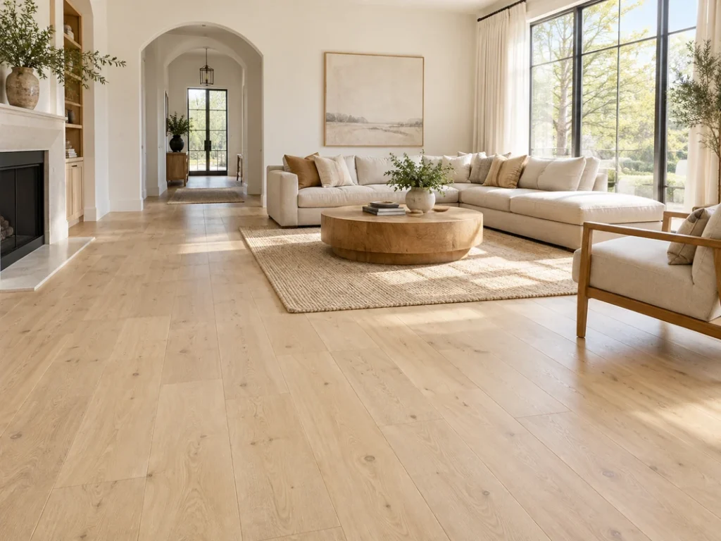 Light natural wood flooring in a bright modern living room
