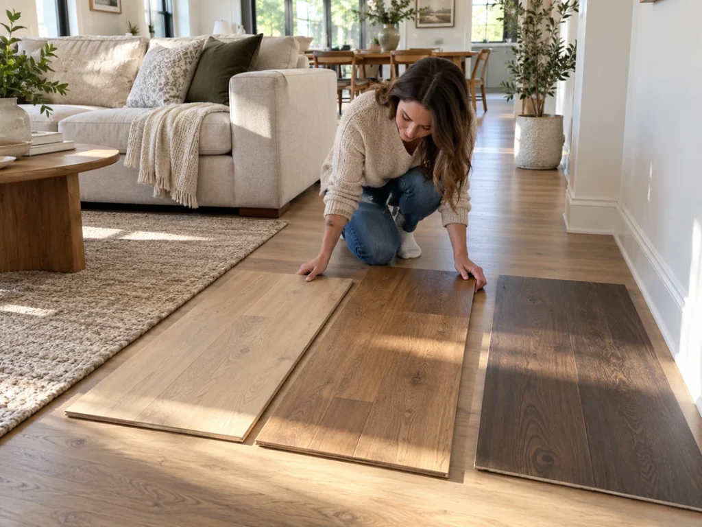 Testing light, medium and dark flooring samples in the actual room
