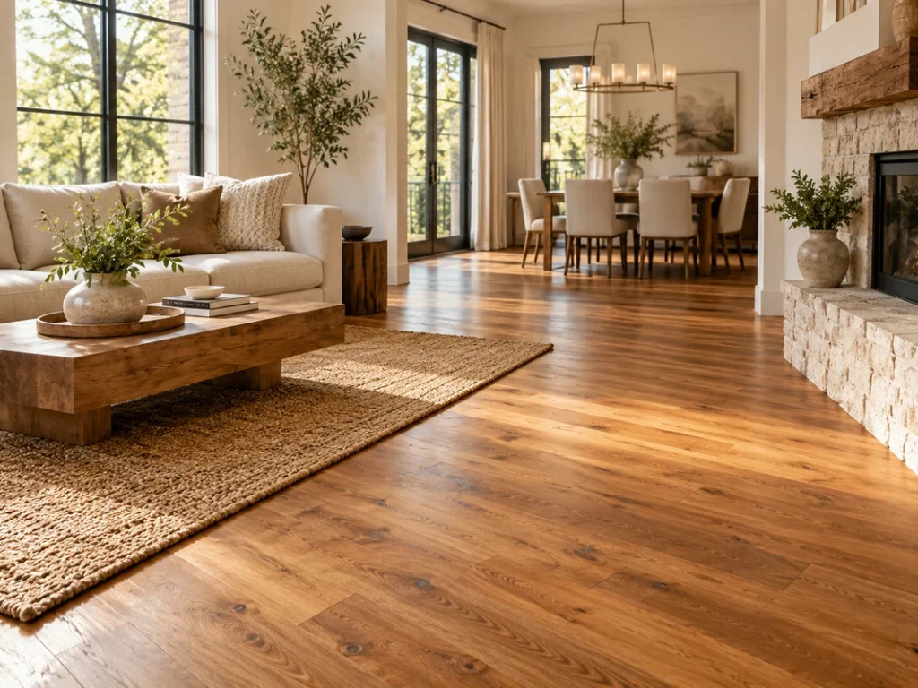 Warm medium wood flooring tones in a cozy open-plan interior