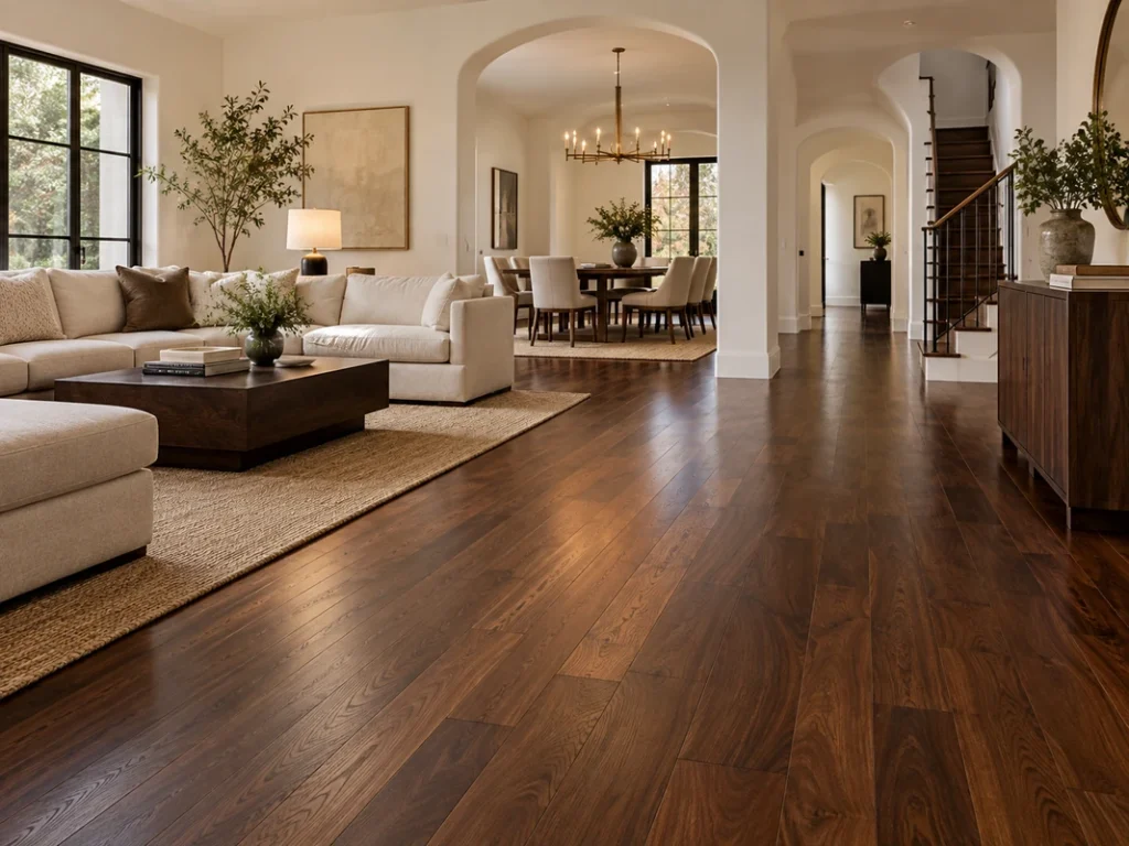 Dark brown walnut flooring in an elegant modern living space