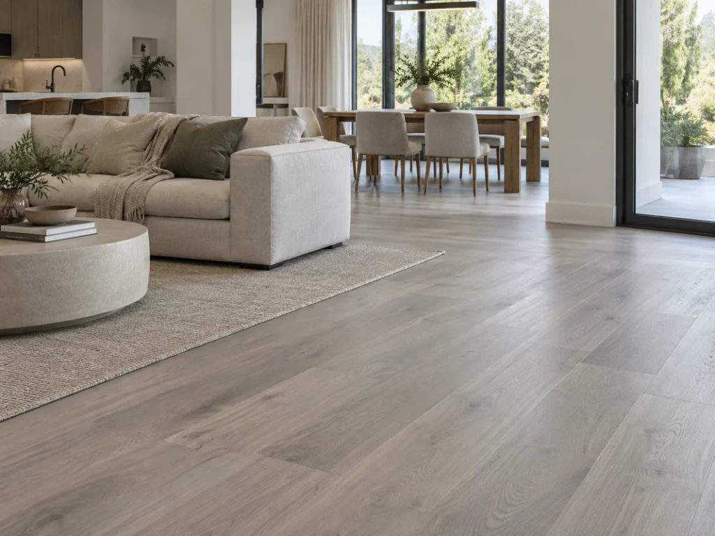 Greige gray cool-toned flooring in a contemporary neutral interior