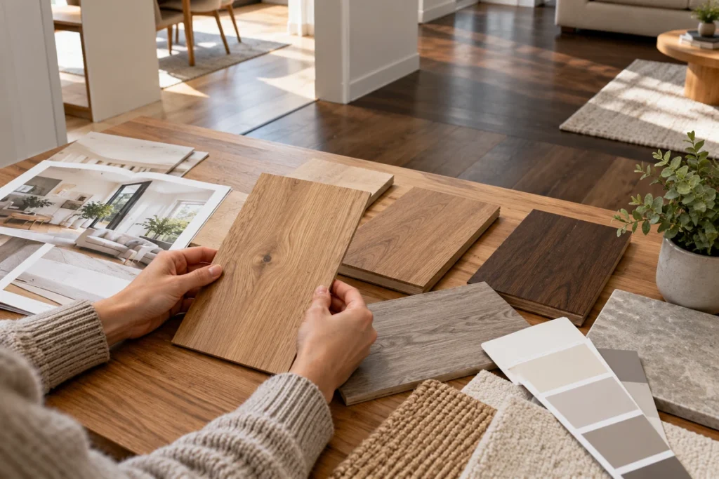 Comparing flooring colour samples with walls, fabrics and interior finishes