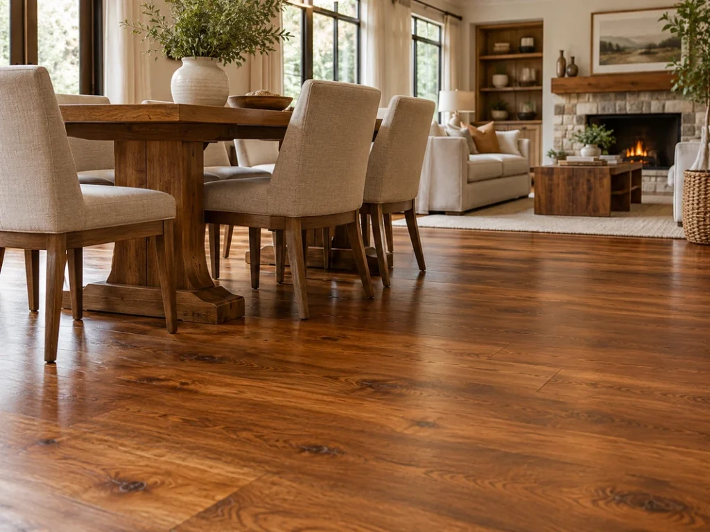 Warm honey and medium brown wood stain flooring in a dining room