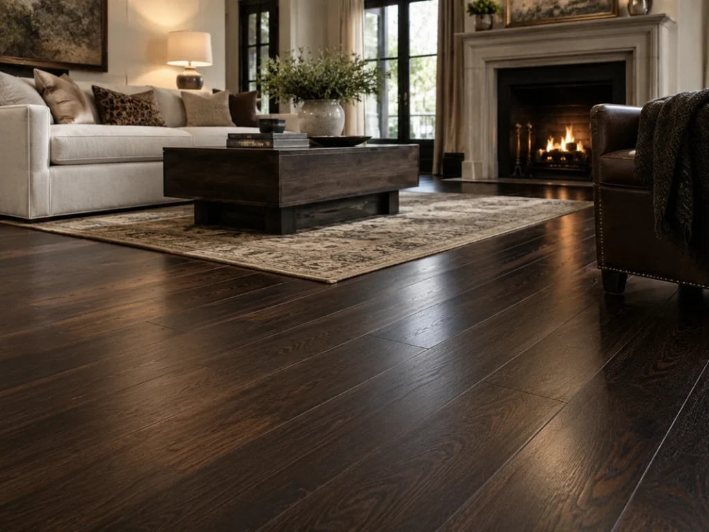 Dark walnut and espresso wood flooring in a sophisticated living room