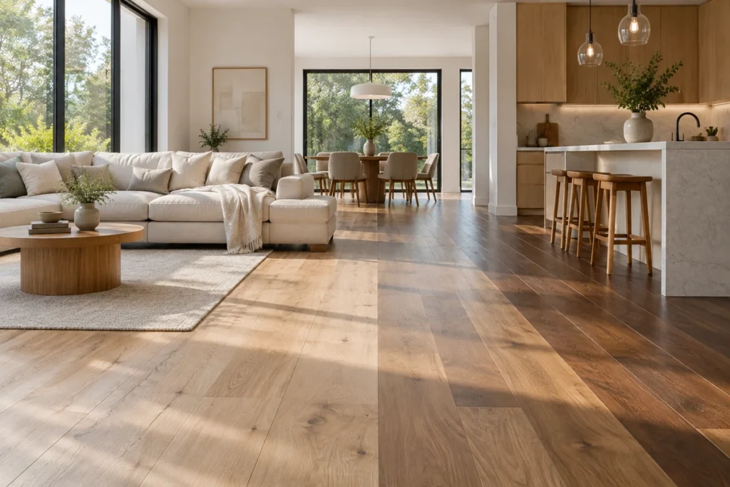 Best floor colors shown in a modern open-plan home with light oak, medium wood, and dark walnut flooring tones