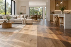 Best floor colors shown in a modern open-plan home with light oak, medium wood, and dark walnut flooring tones