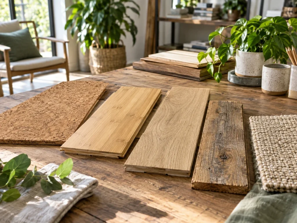 Sustainable cork, bamboo, reclaimed wood and natural flooring samples displayed in a bright interior