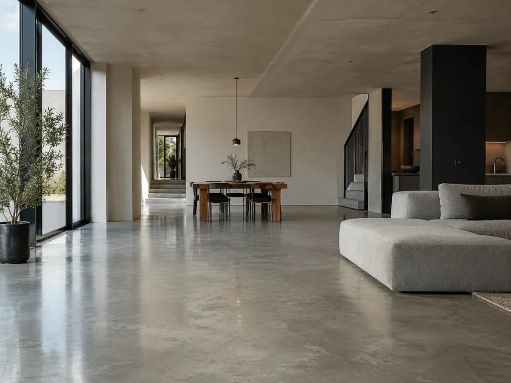 Polished concrete flooring in a minimalist modern living and dining space
