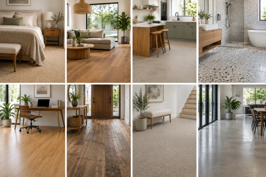 Different eco-friendly flooring materials used across bedrooms, kitchens, bathrooms and living spaces