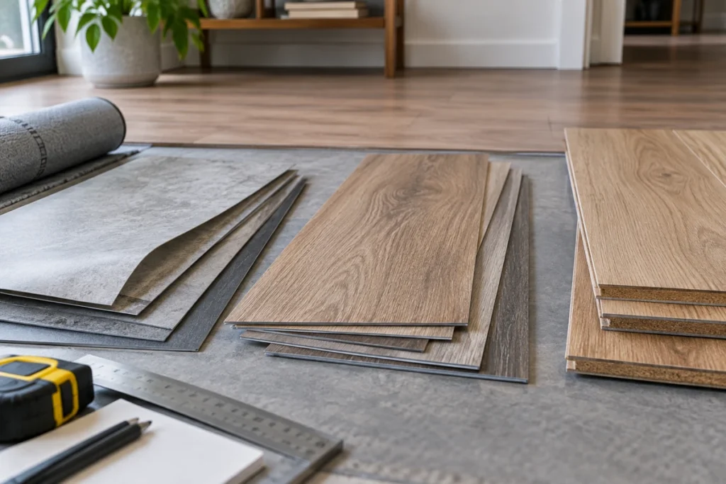 Vinyl, LVT and laminate flooring samples compared during a residential flooring installation