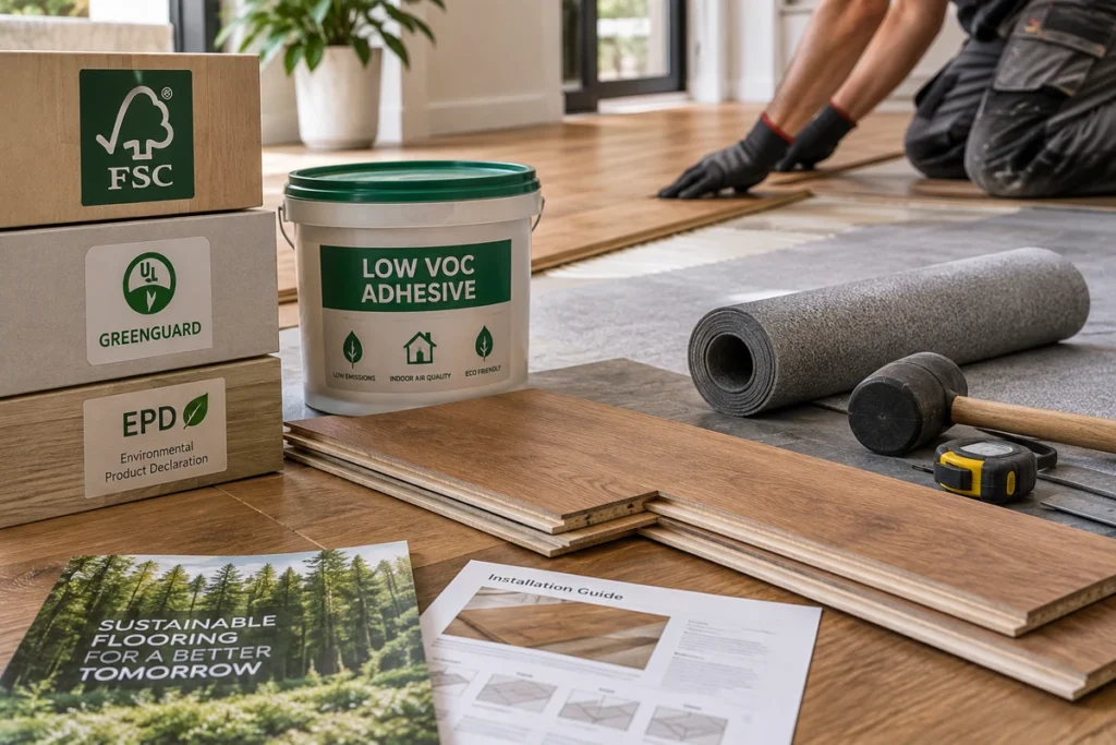 Sustainable flooring installation with certified wood, low-VOC adhesive, underlay and installation tools