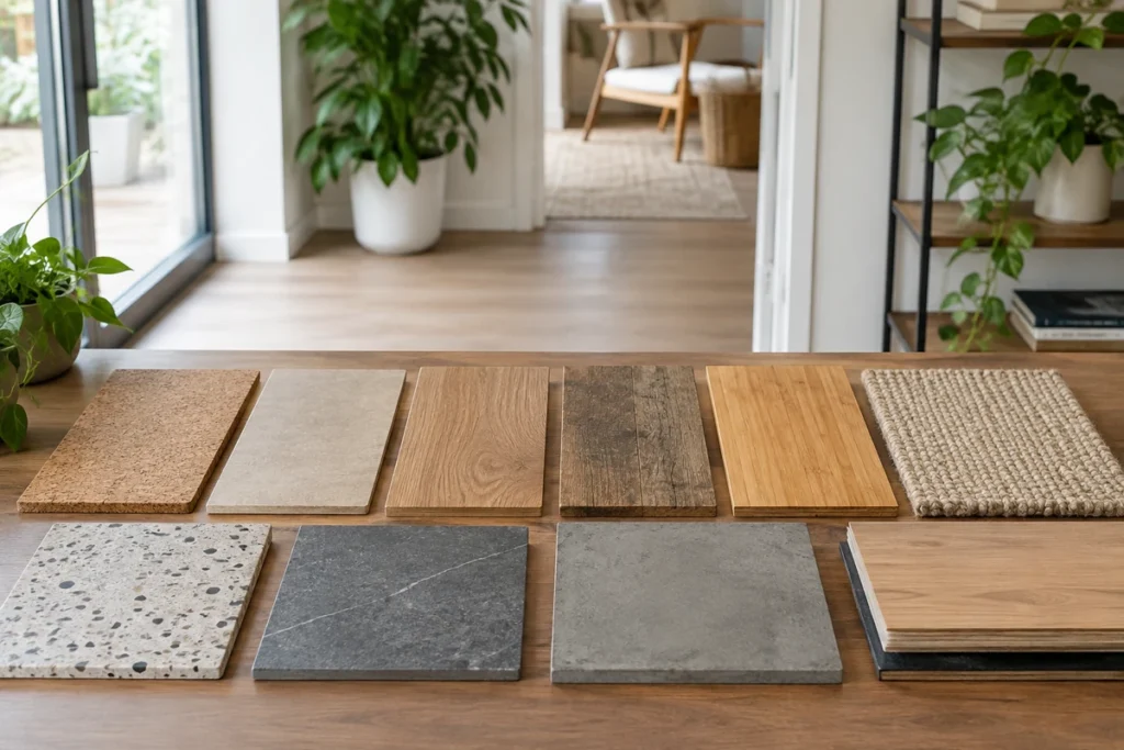 Eco-friendly flooring options including cork, wood, bamboo, carpet, terrazzo and concrete samples