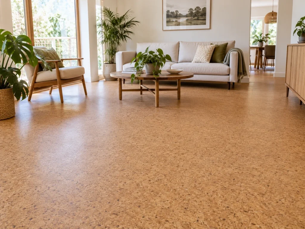 Natural cork flooring in a bright modern living room with wood furniture and indoor plants