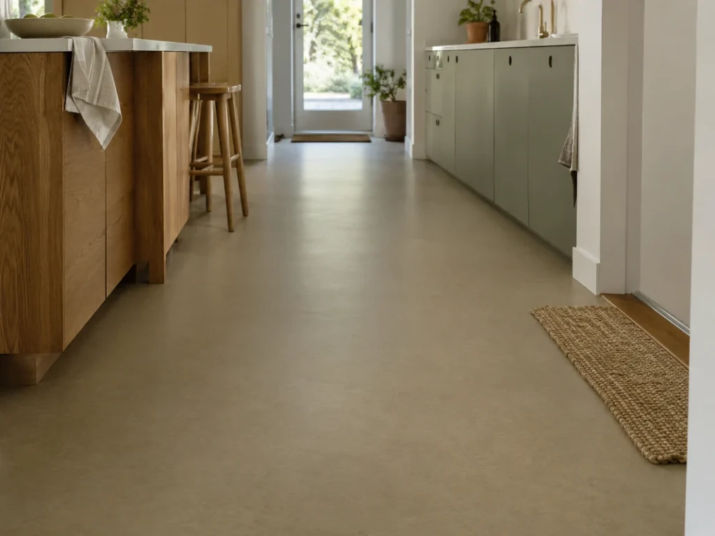 Natural linoleum flooring installed in a modern kitchen with wood cabinetry and soft natural light