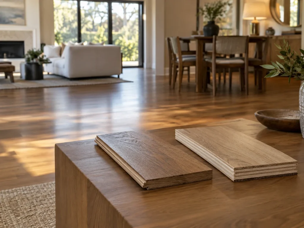 FSC-certified hardwood and engineered wood flooring samples displayed in a modern living room