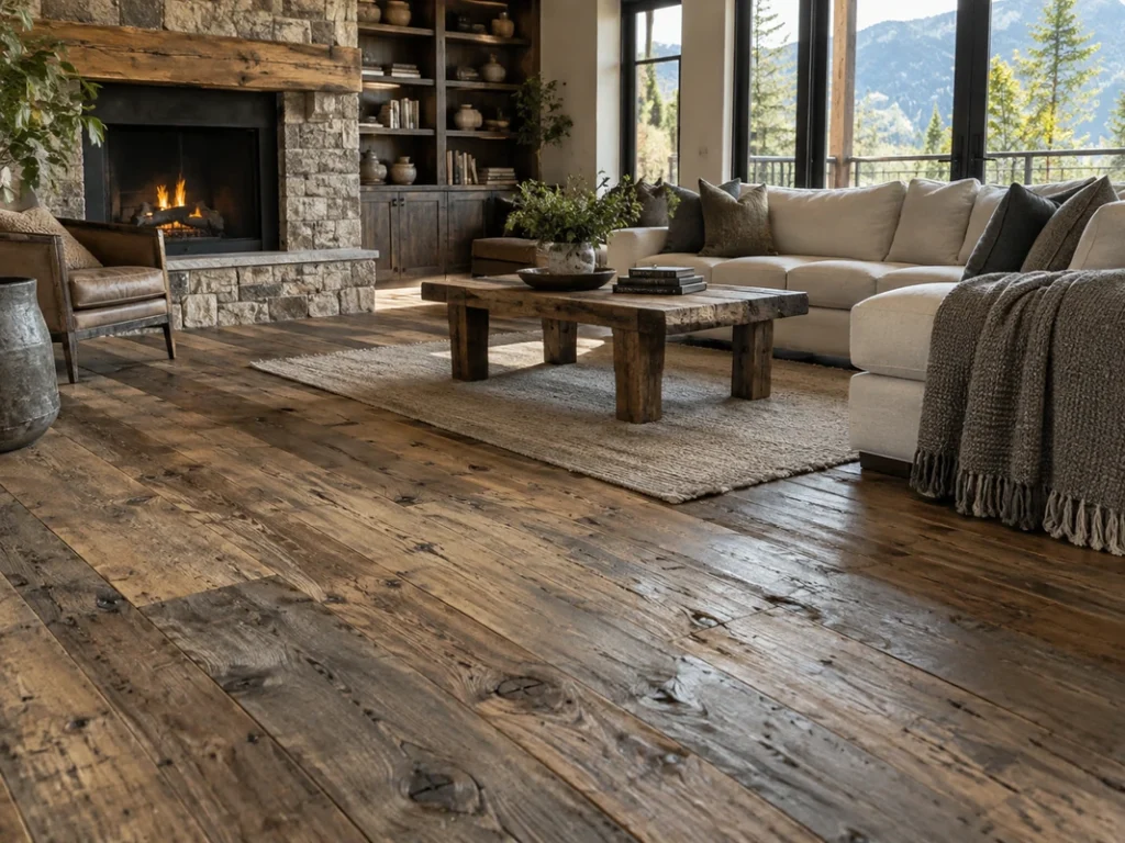 Reclaimed wood flooring in a rustic living room with natural timber furniture and large windows