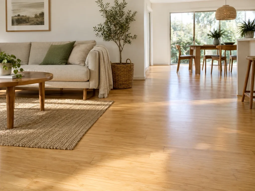 Bamboo flooring in a bright contemporary living and dining space with natural furnishings