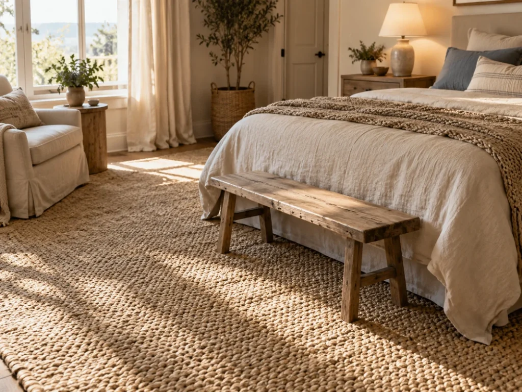 Wool and natural-fiber carpet in a warm bedroom with neutral furniture and natural materials