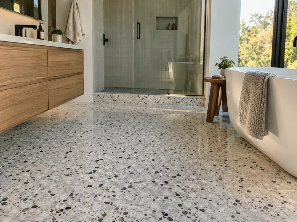 Recycled-content terrazzo tile flooring installed in a modern bathroom with wood cabinetry