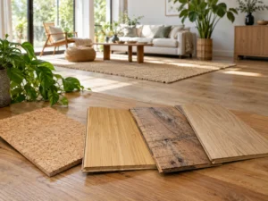 Eco-friendly flooring samples including cork, bamboo and wood displayed in a bright modern living room