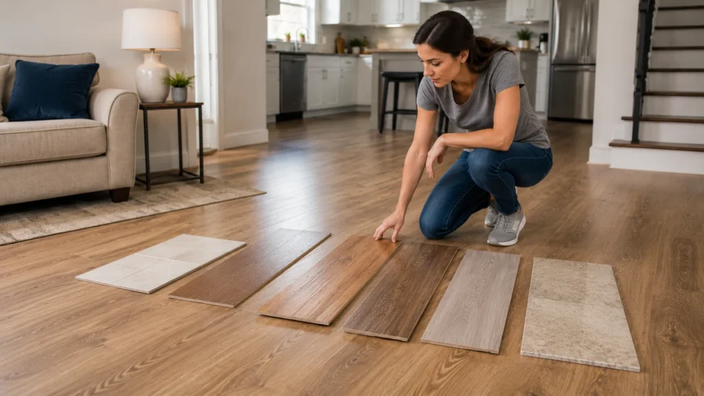 Woman comparing different flooring samples before choosing the correct cleaning method