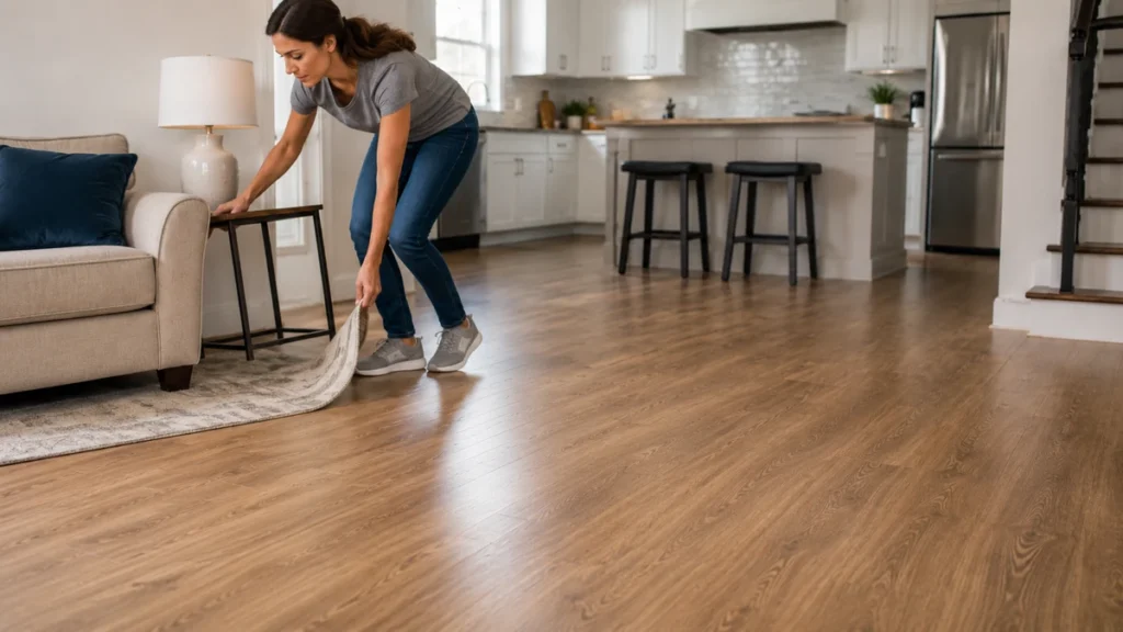 Woman clearing a living room floor before starting the cleaning process