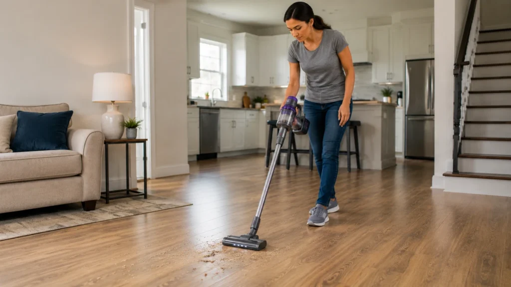 Woman vacuuming loose dust and debris from a wood floor before mopping