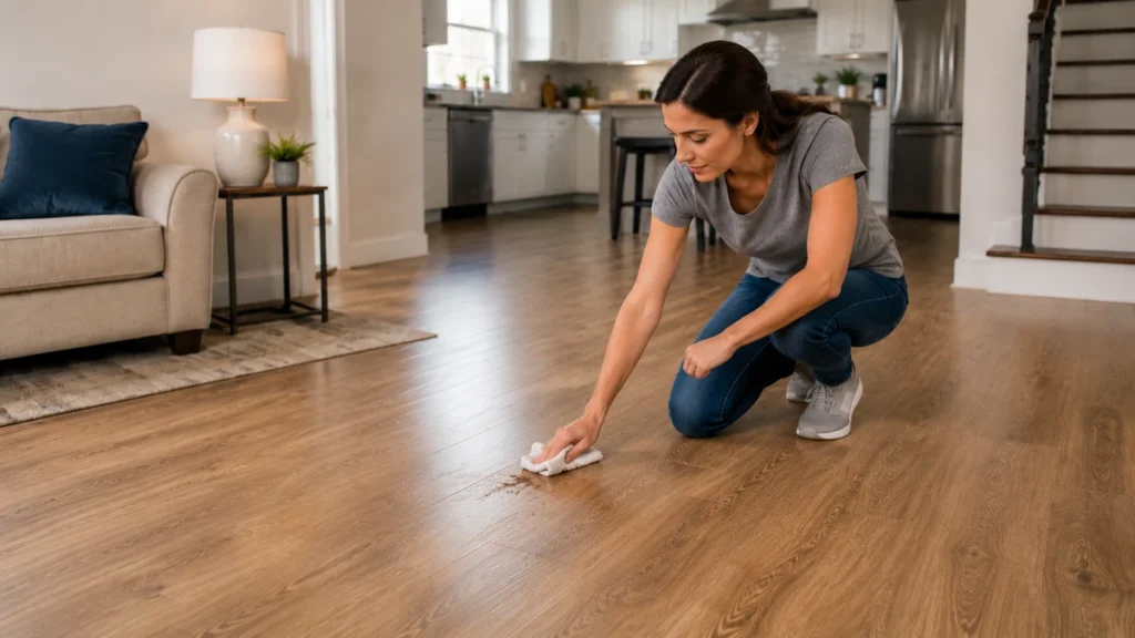 Woman spot-cleaning a stubborn stain from a wooden floor with a cloth