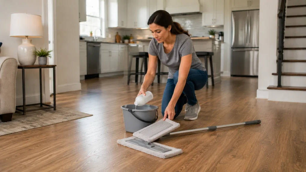 Woman preparing floor cleaner, a bucket and clean microfiber mop before washing the floor