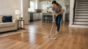 Woman mopping a wood floor in small sections with a microfiber floor mop