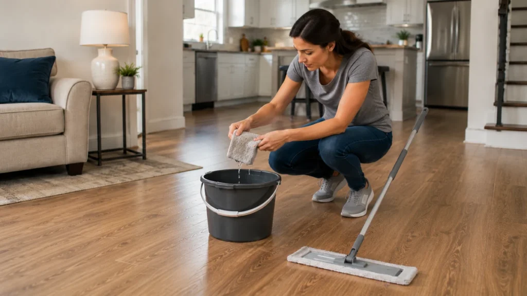 Woman rinsing and wringing a dirty mop pad over a bucket during floor cleaning