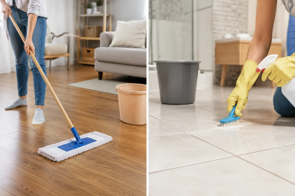 Cleaning wood flooring with a microfiber mop and scrubbing tile grout with a brush
