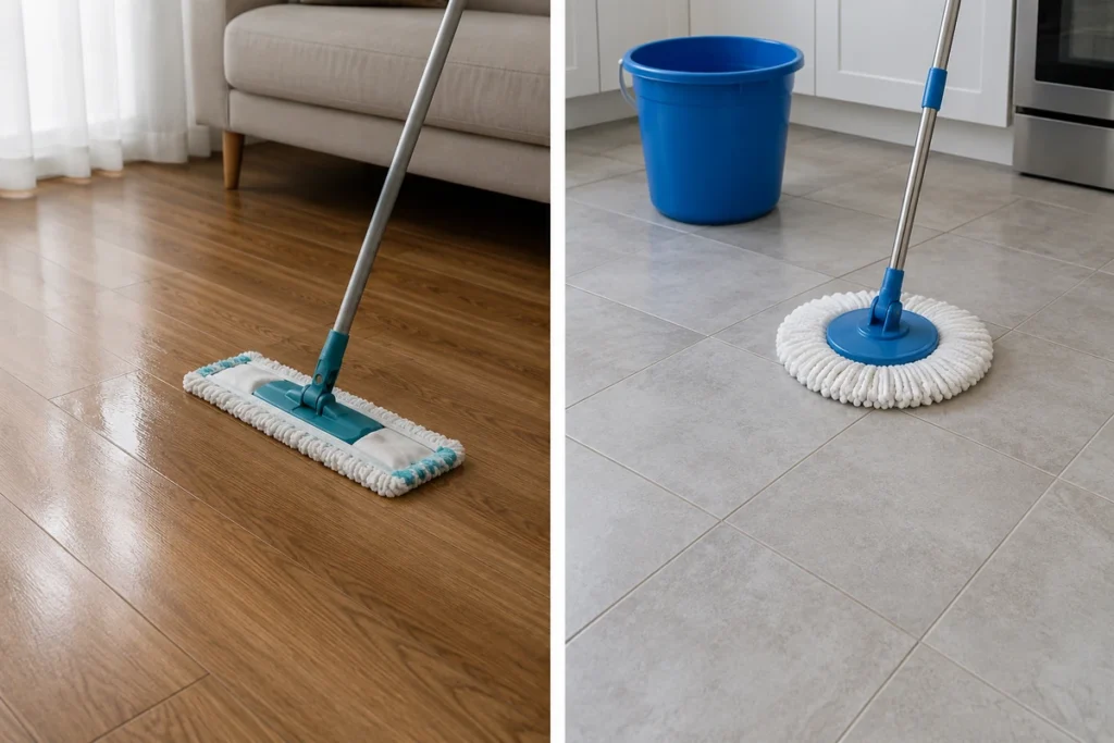 Microfiber mops used to clean wood flooring and tiled floors with different cleaning methods