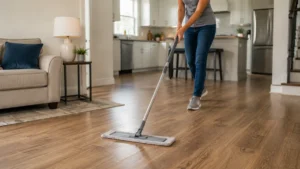 Woman cleaning a wooden floor with a microfiber mop in a bright modern home