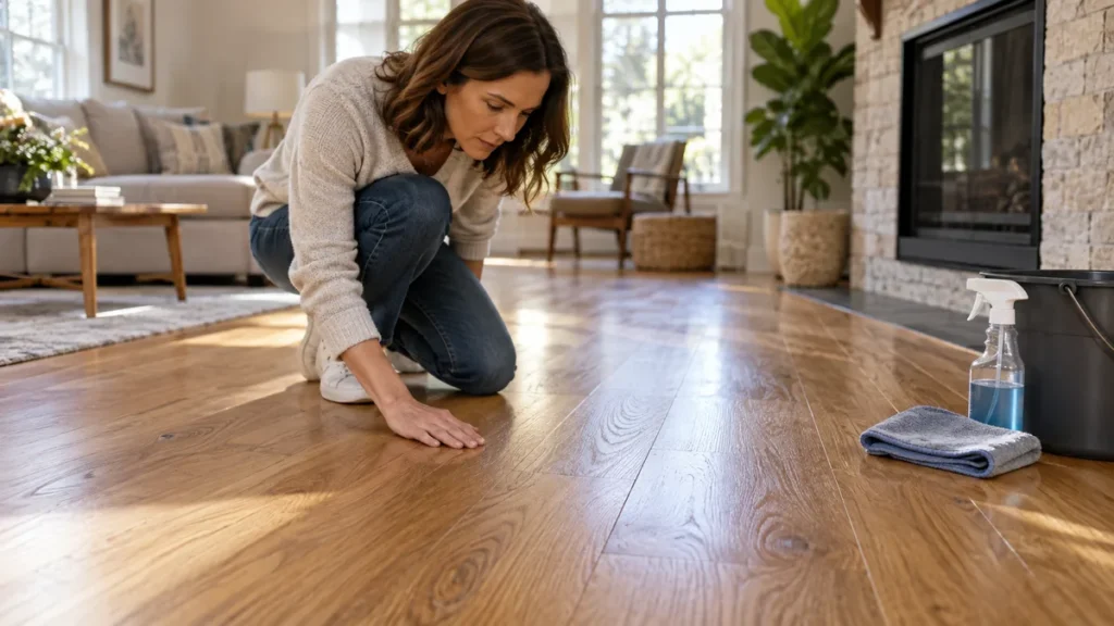 Woman checking the finish of an oak wood floor before choosing a cleaning method