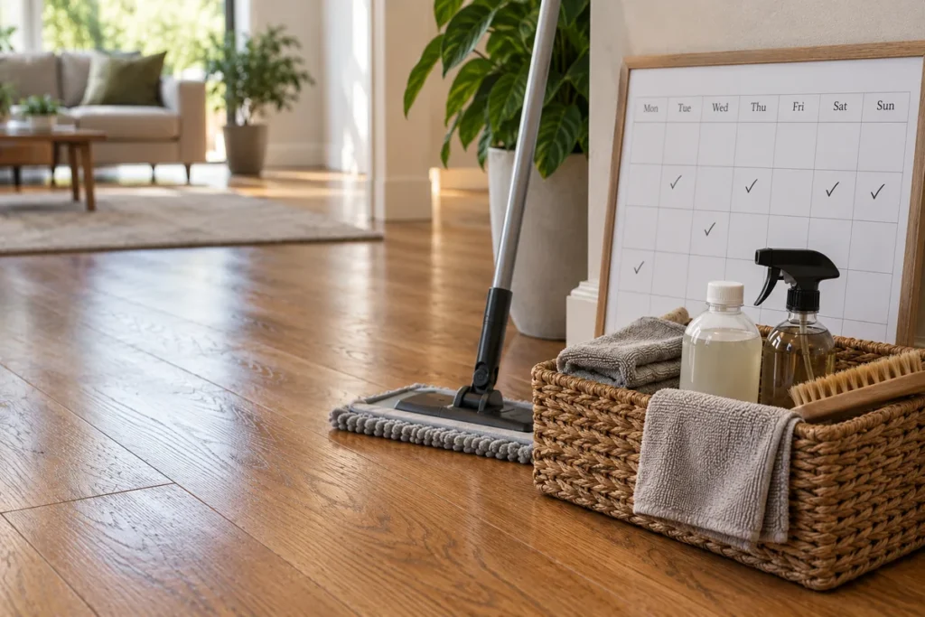 Oak floor cleaning tools arranged beside a weekly cleaning schedule in a bright home