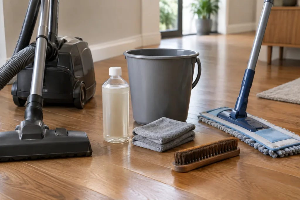 Vacuum, microfiber mop, bucket, soft brush, and wood floor cleaner arranged on an oak floor