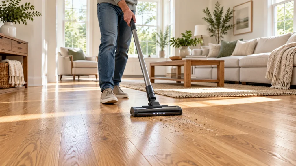 Person vacuuming dust and loose debris from an oak wood floor before mopping