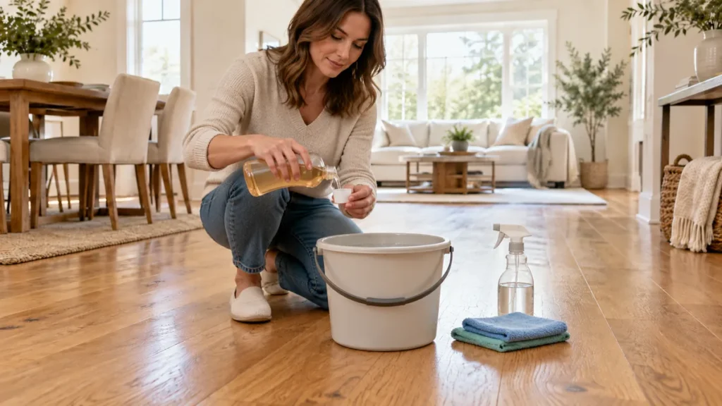 Woman measuring wood floor cleaner into a bucket before cleaning an oak floor