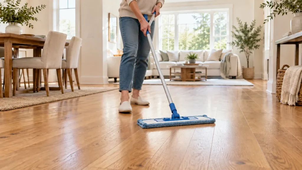 Person cleaning an oak wood floor with a lightly damp microfiber mop