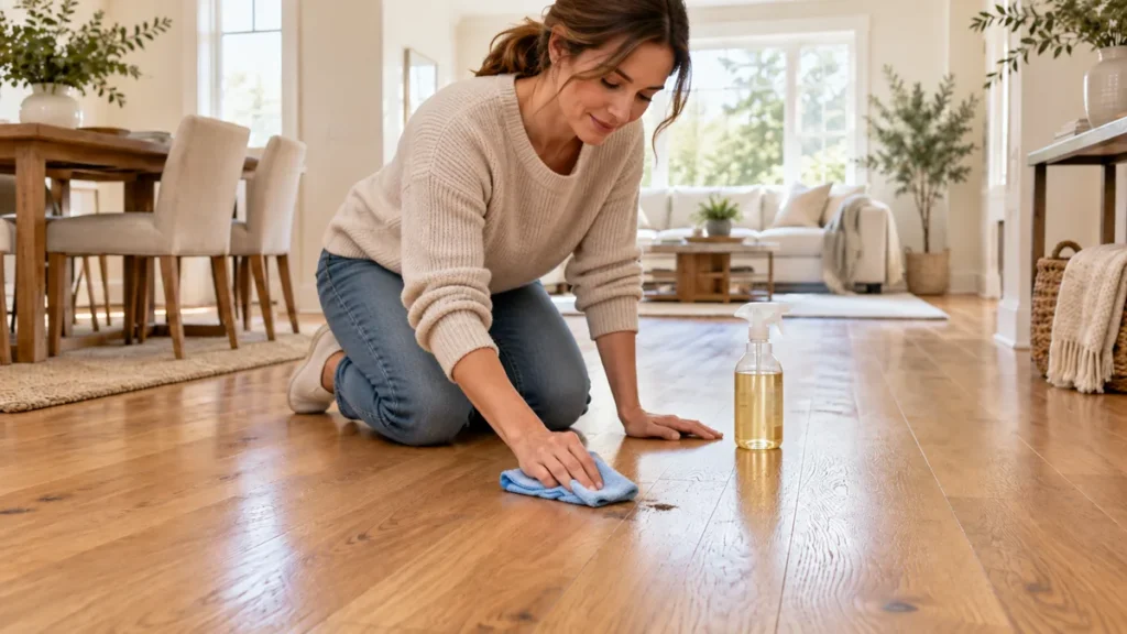 Woman spot cleaning a dirty area on an oak floor with a microfiber cloth and suitable cleaner