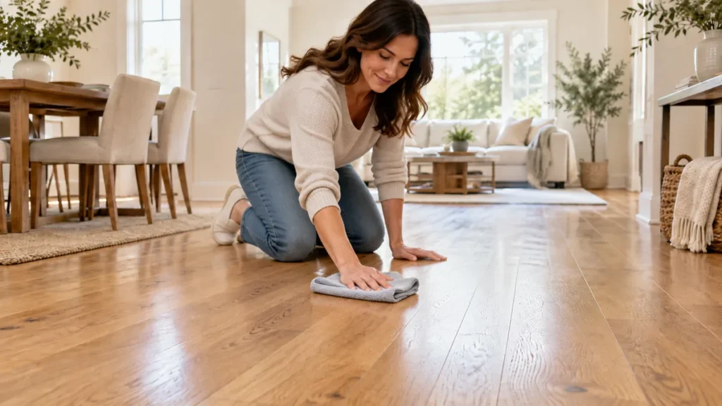 Woman drying an oak wood floor with a clean microfiber cloth after cleaning