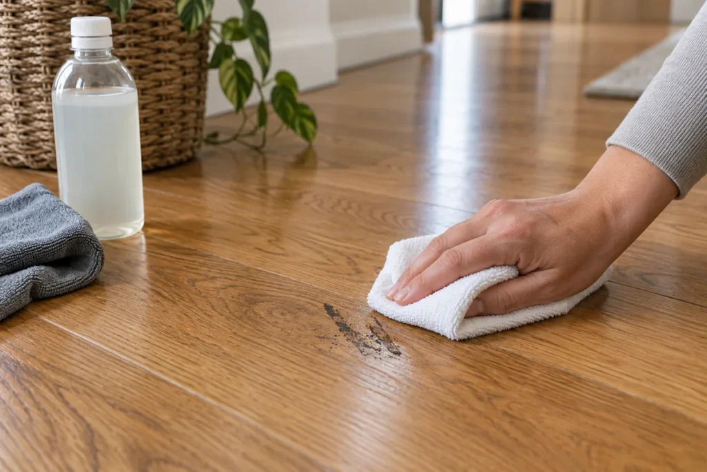Hand removing dark scuff marks from an oak wood floor using a soft cloth and floor cleaner