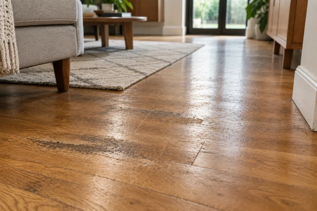 Worn oak wood floor with scratches and damaged finish showing signs that deeper maintenance is needed