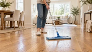 Person cleaning oak wood floors with a microfiber mop in a bright modern home