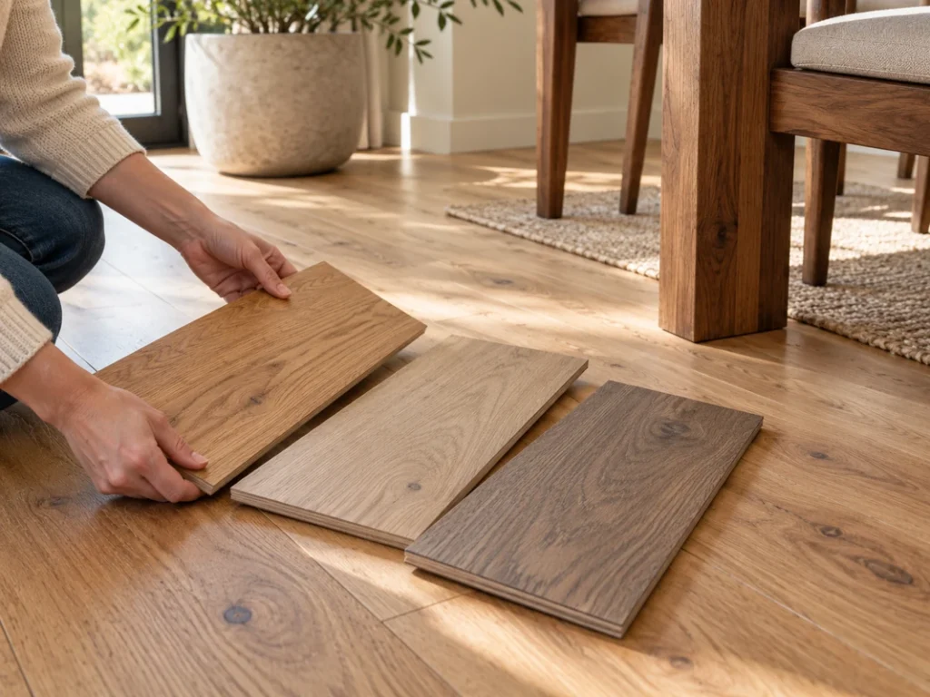 Person comparing warm, light and dark wood floor samples to identify different wood undertones
