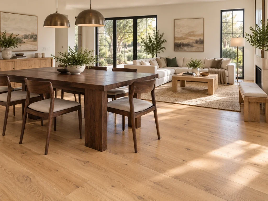 Light wood flooring paired with contrasting dark wooden dining furniture in a modern open-plan interior